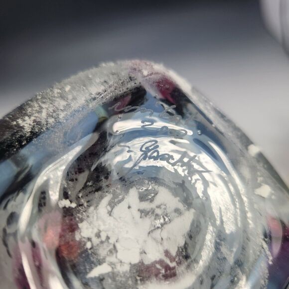 Signed Art Glass Vase Cased Clear Confetti White Swirl Blue Crest Amethyst Pink - Picture 10 of 10